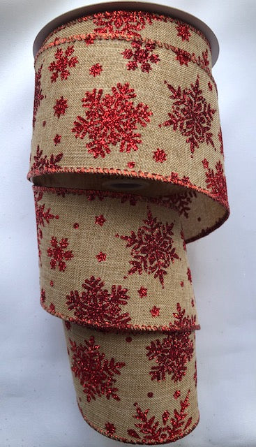 Christmas Hessian Red Glitter Snowflake Wired Ribbon 2.5" - per metre