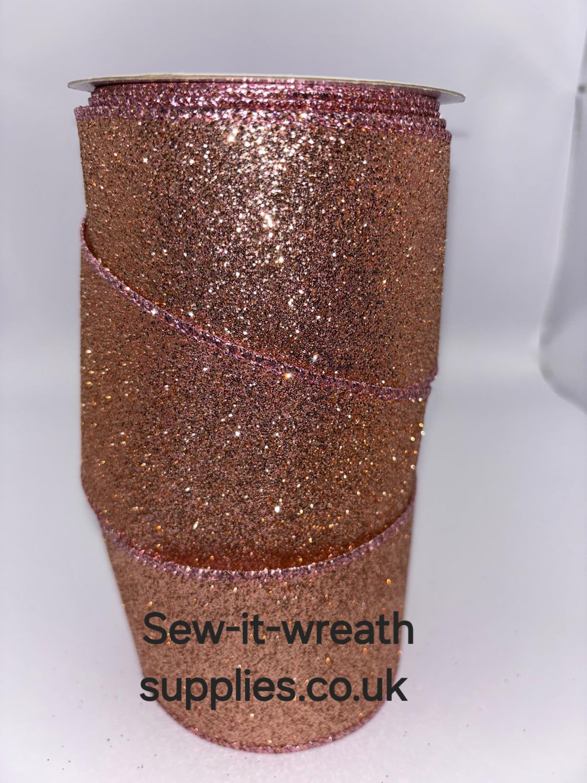 Rose Gold Sparkly Glitter Wired Christmas Ribbon 2.5" Per Meter