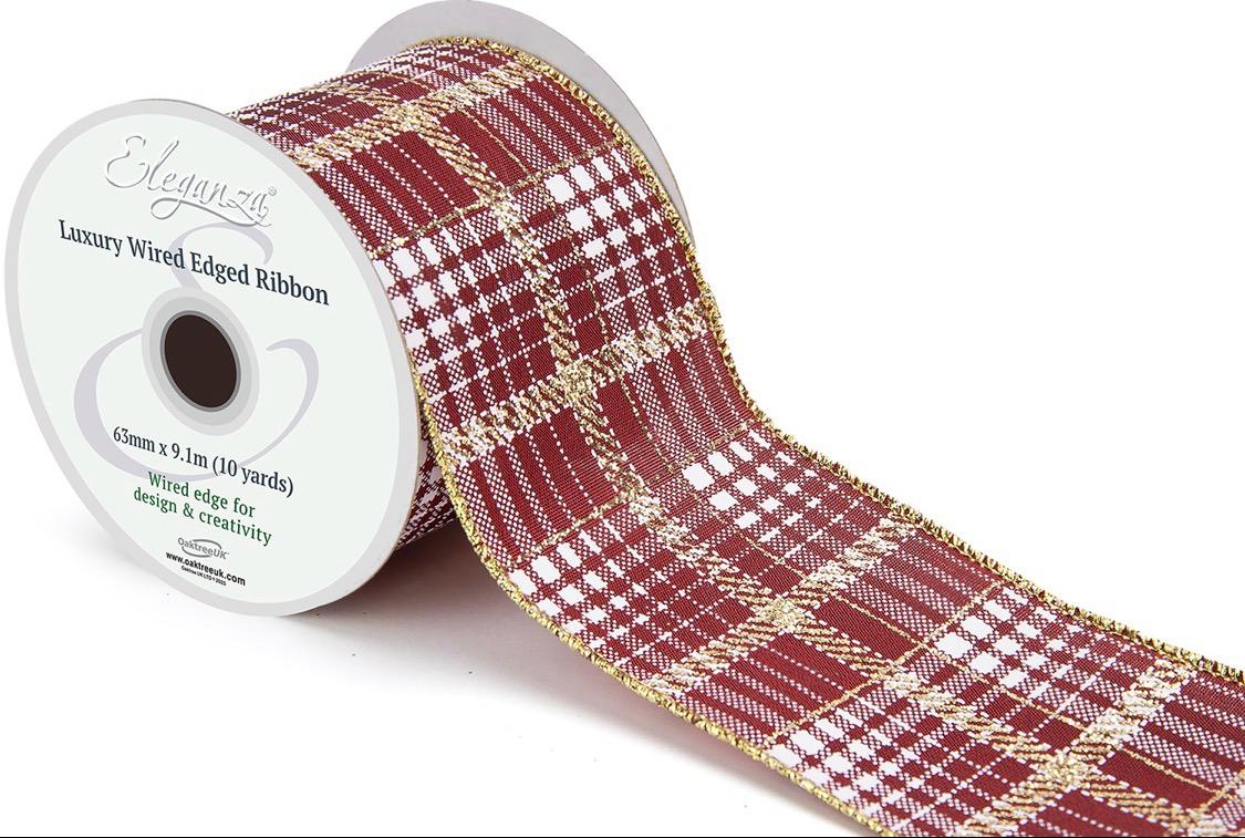 Christmas Wired Edge Burgundy Tartan Wired Ribbon 2.5" x 9.1m