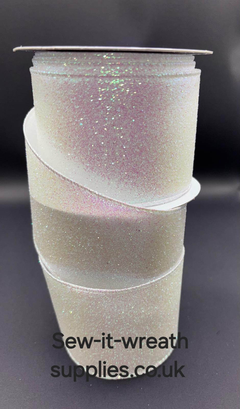 Iridescent White Sparkly Glitter Christmas Wired Ribbon 2.5" - Per Meter