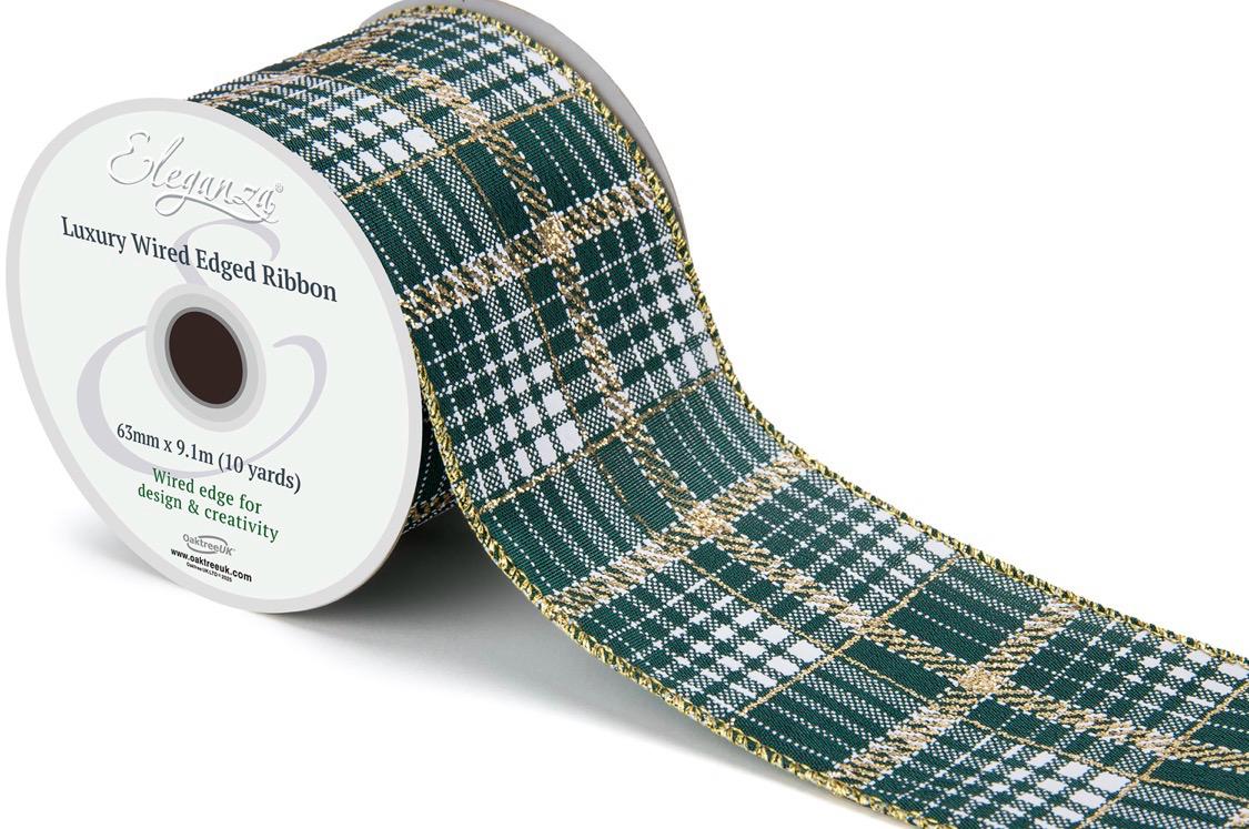 Christmas Wired Edge Green Tartan Wired Ribbon 2.5" x 9.1m