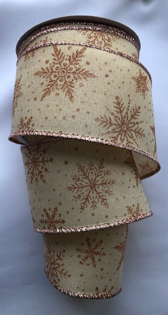 Christmas Hessian Rose Gold Snowflake Wired Ribbon 2.5" per metre