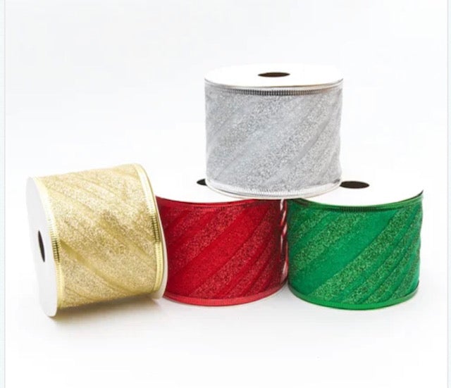 Christmas Organza Glitter Stripe Wired Ribbon 2.5" - 80p per metre