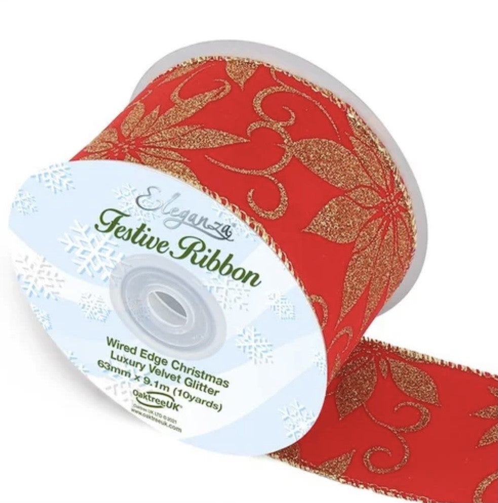 Luxury Velvet Christmas Poinsettia Ribbon Pattern 2.5" - £1 per metre