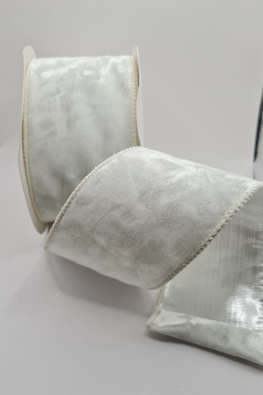 63mm White Velvet Christmas Wired Ribbon Per Metre