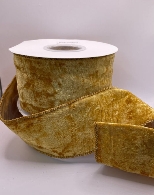 63mm Crushed Velvet Gold Christmas Wired Ribbon Per Metre