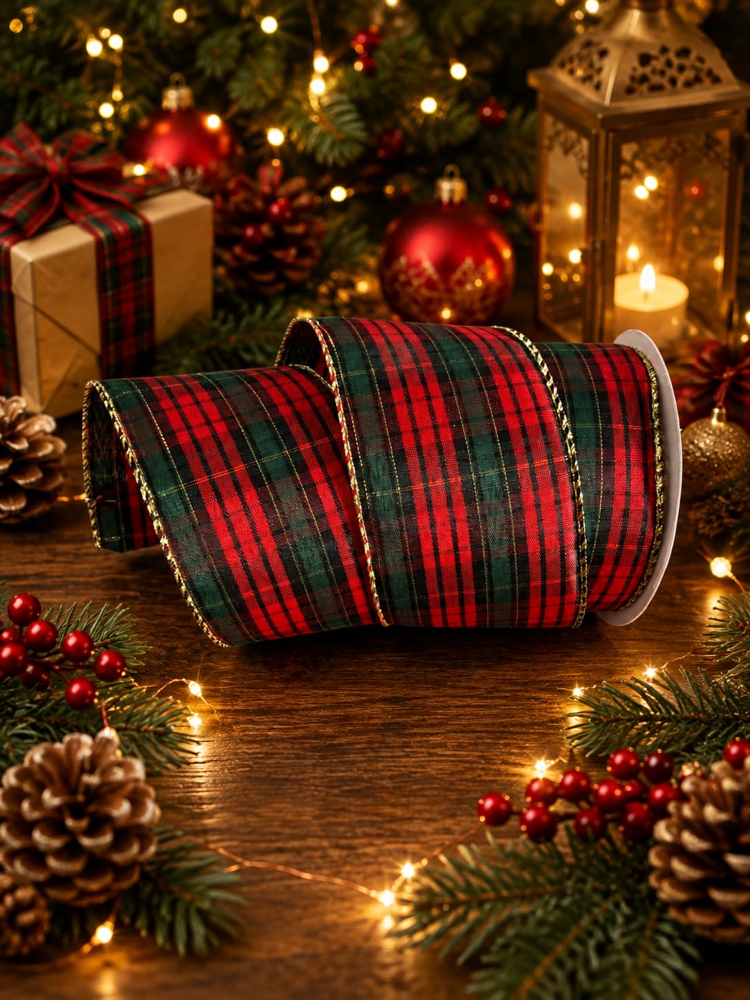 63mm Christmas Tartan Wired Ribbon - 274