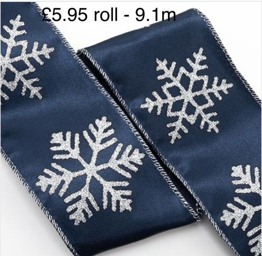 Dark Blue and Silver Christmas Snowflake Wired Ribbon 2.5" - £1 per metre