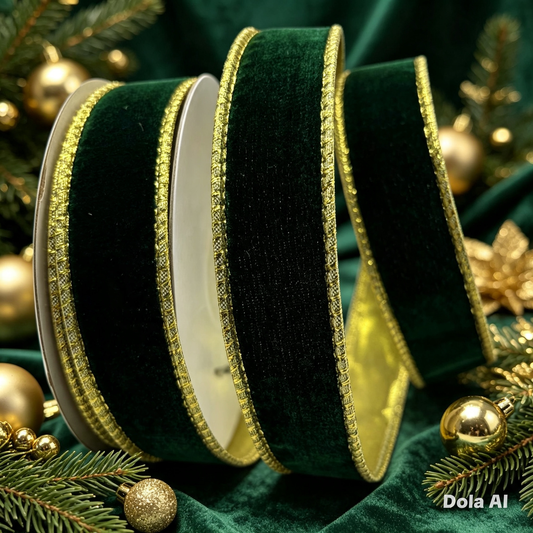 1” (25mm) Bottle Green Velvet - Gold Backed Wired Christmas Ribbon