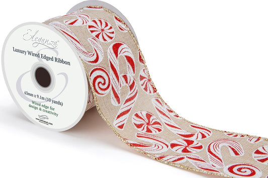 Christmas Candy Cane & Sweet Wired Ribbon 2.5" x 9.1m