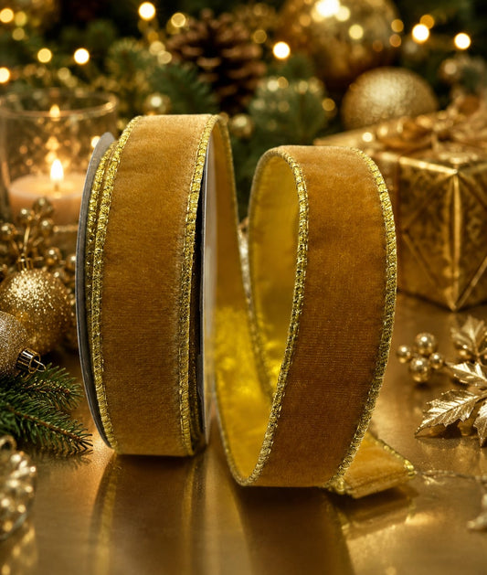 1” (25mm) Gold Velvet - Gold Backed Wired Christmas Ribbon