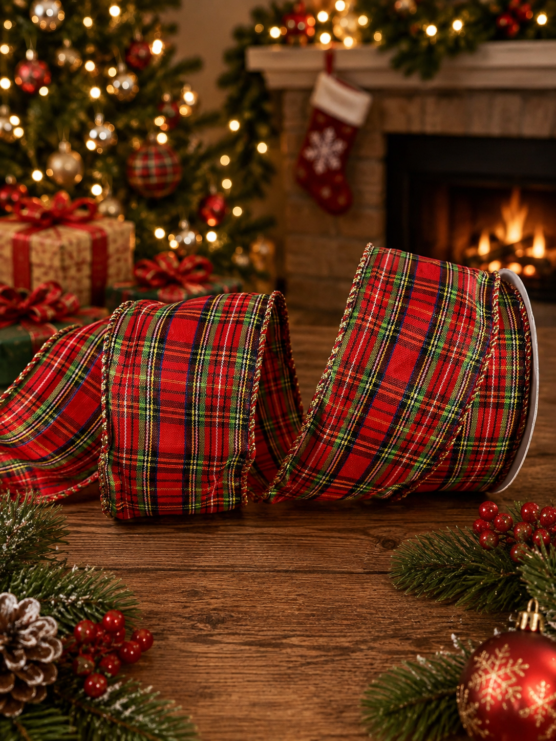 63mm Christmas Tartan Wired Ribbon - 272