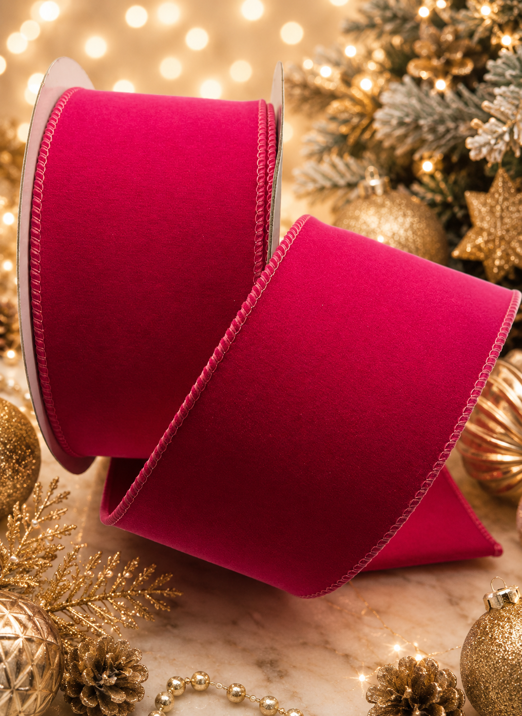 63mm Hot Pink Velvet Christmas Wired Ribbon Per Metre