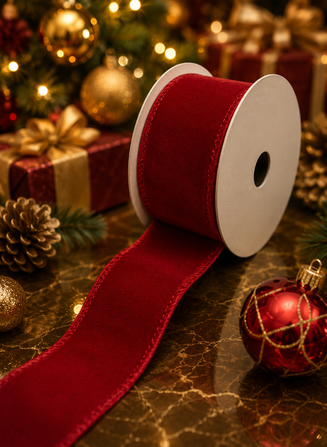 63mm  Red Velvet Wired Christmas Ribbon
