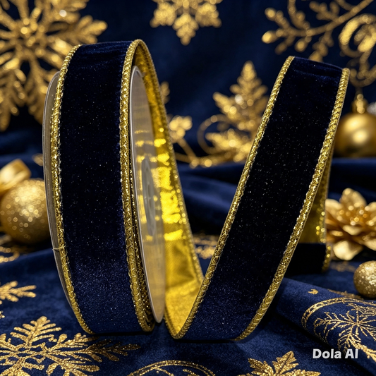 1” (25mm) Navy Velvet -Gold Backed Wired Christmas Ribbon