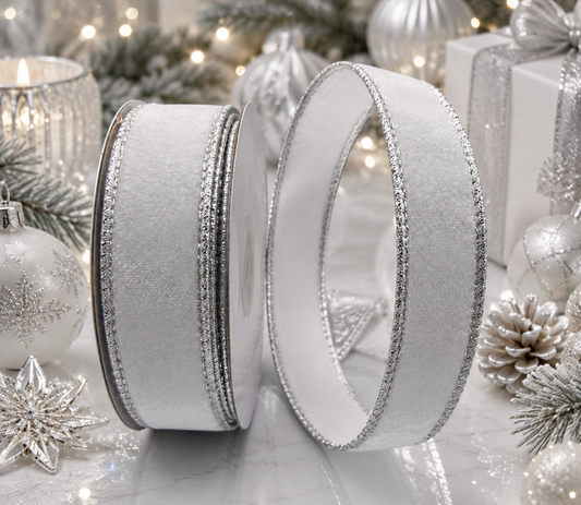 1” (25mm) White Velvet - Silver Backed Wired Christmas Ribbon