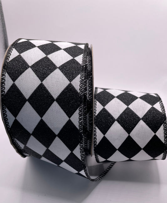 63mm Black Glitter & White Harlequin Wired Christmas Ribbon