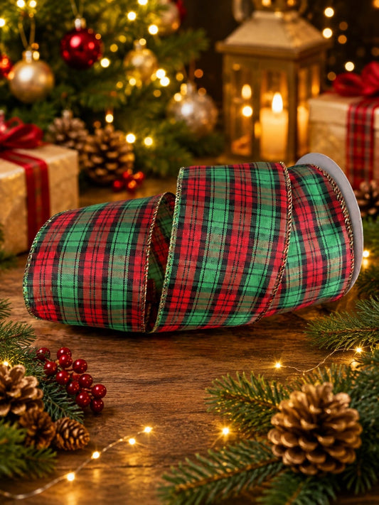 63mm Christmas Tartan Wired Ribbon - 270