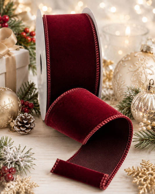 63mm Maroon Velvet Satin Backed Wired Christmas Ribbon