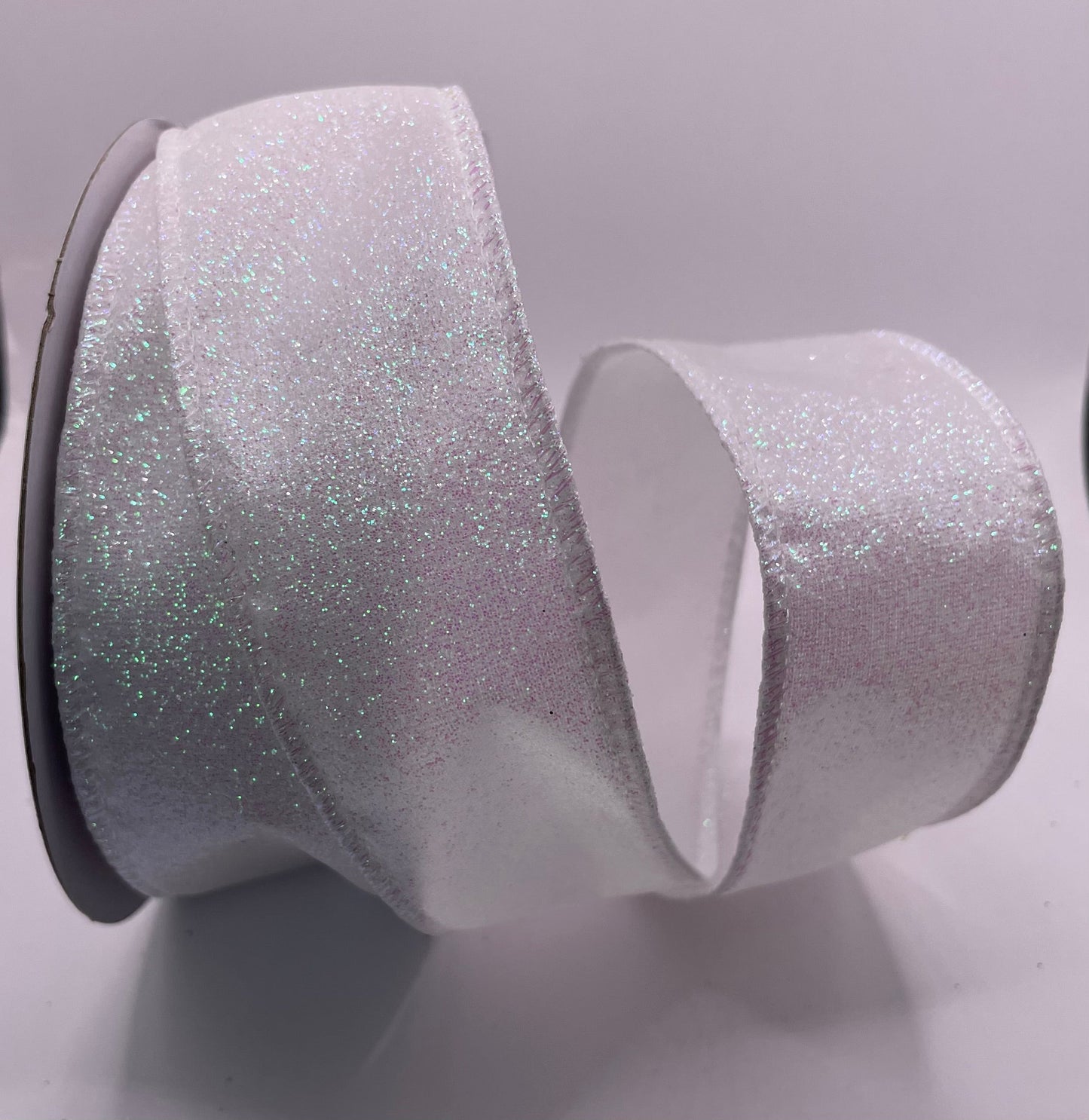 38mm Iridescent White Glittered Wired Christmas Ribbon