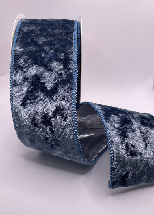 63mm Crushed Velvet Smoke Blue Christmas Wired Ribbon Per Metre