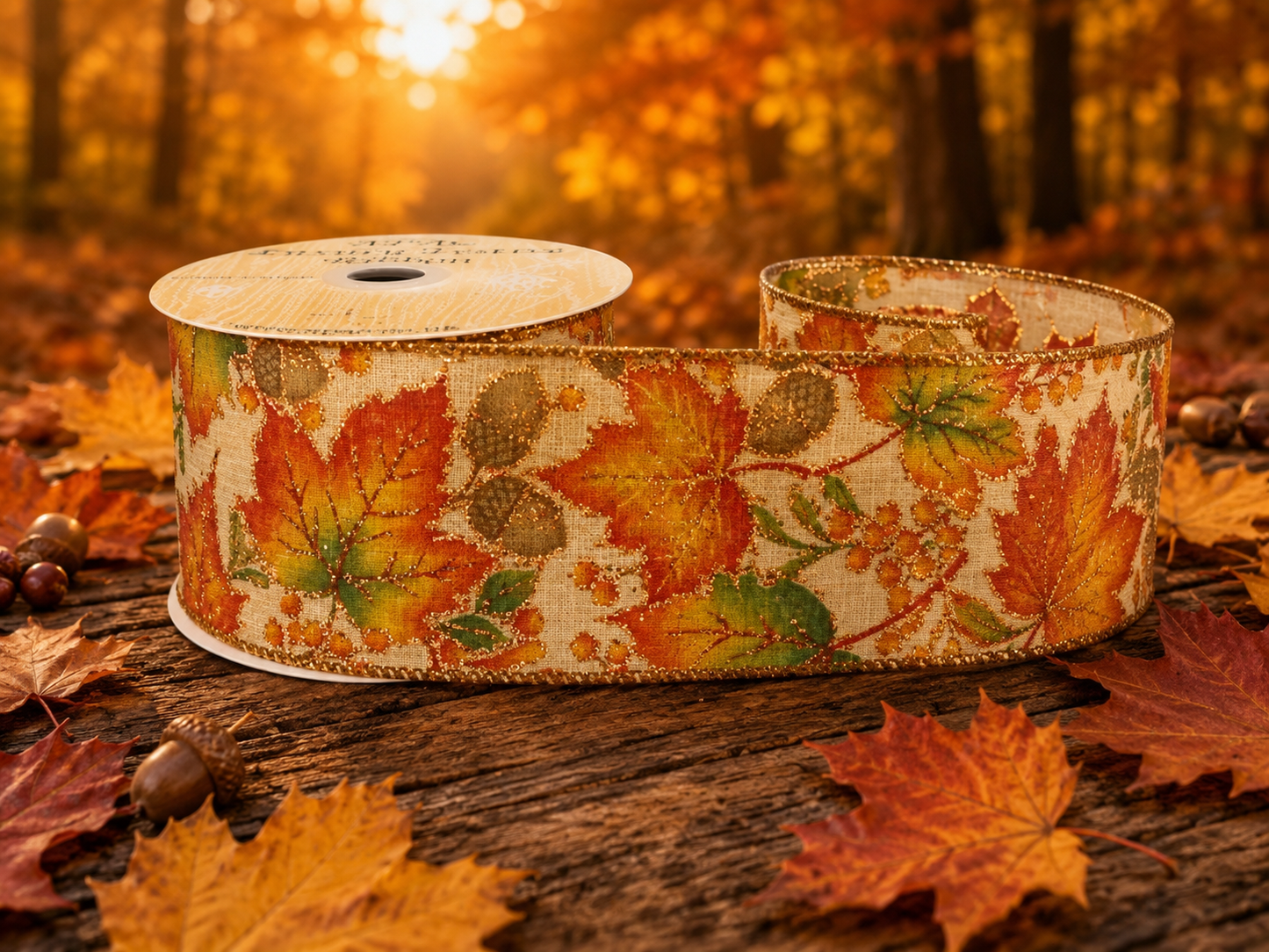 Wired Natural Ribbon with Autumn Leaf & Acorns 63mm
