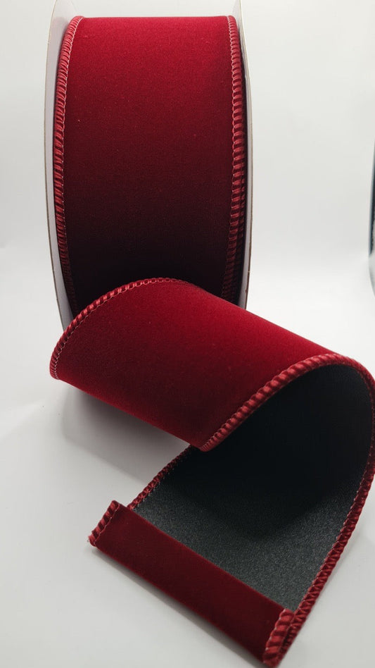 63mm Maroon Velvet Satin Backed Wired Christmas Ribbon