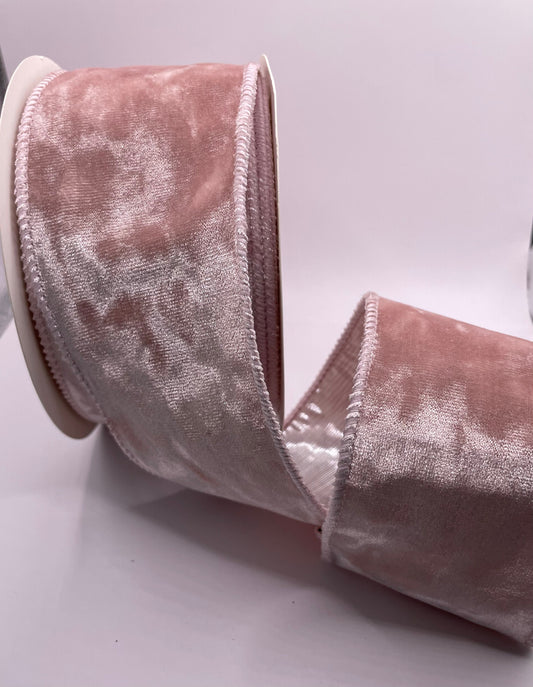 63mm Crushed Velvet Pale Pink Christmas Wired Ribbon Per Metre