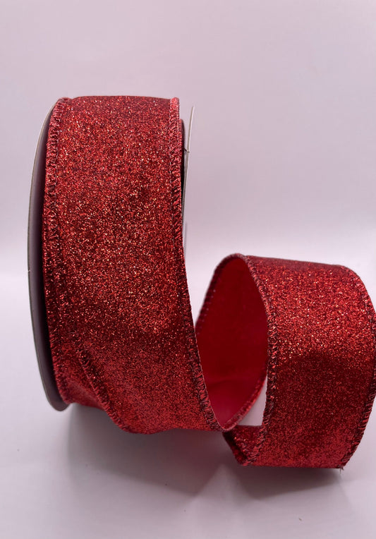 38mm Red Glittered Wired Christmas Ribbon