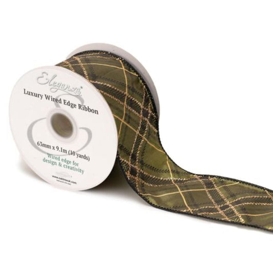 63mm Green & Black Check Wired Christmas Ribbon