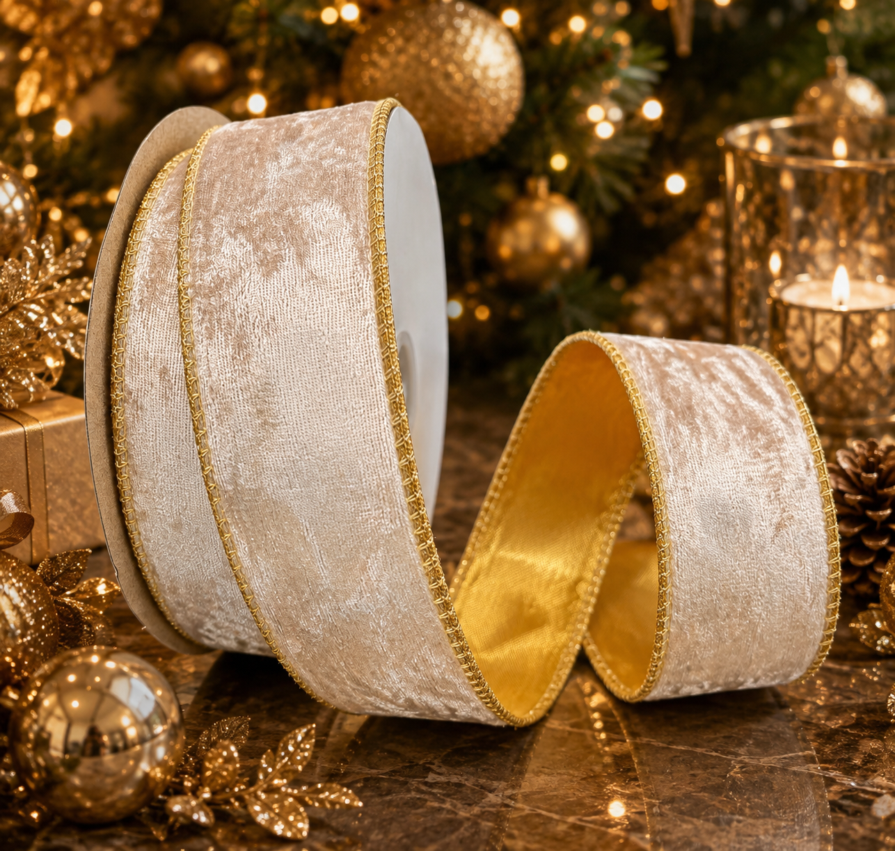 38mm Fawn Velvet With Gold Satin Back Wired Christmas Ribbon               15 yards