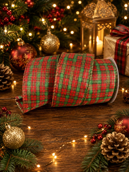 63mm Christmas Tartan Wired Ribbon - 271