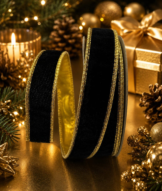 1” (25mm) Black Velvet - Gold Backed Wired Christmas Ribbon