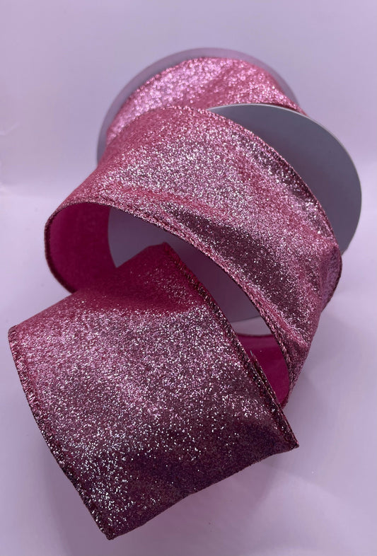 63mm Pink Glitter Wired Christmas Ribbon