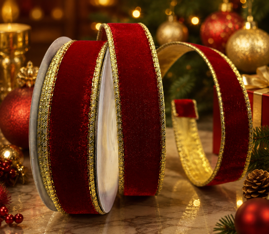 1” (25mm) Red Velvet - Gold Backed Wired Christmas Ribbon