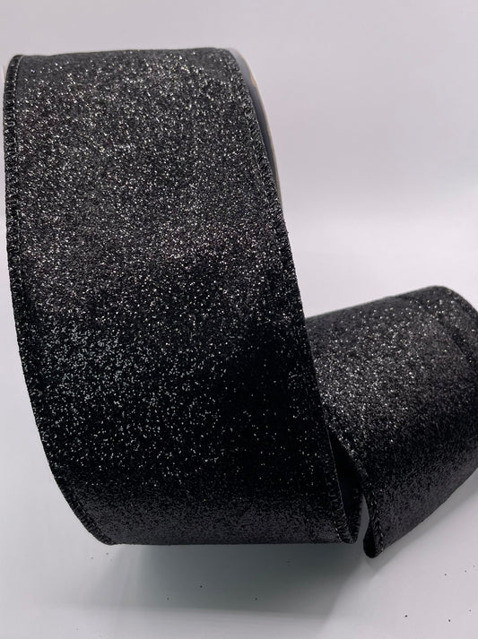 63mm Black Glitter Christmas Wired Ribbon Per Metre
