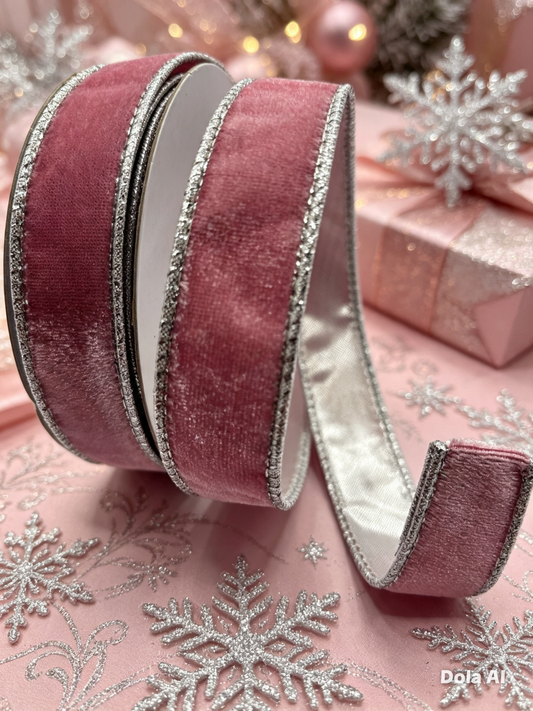 1” (25mm) Pink Velvet - Silver Backed Wired Christmas Ribbon
