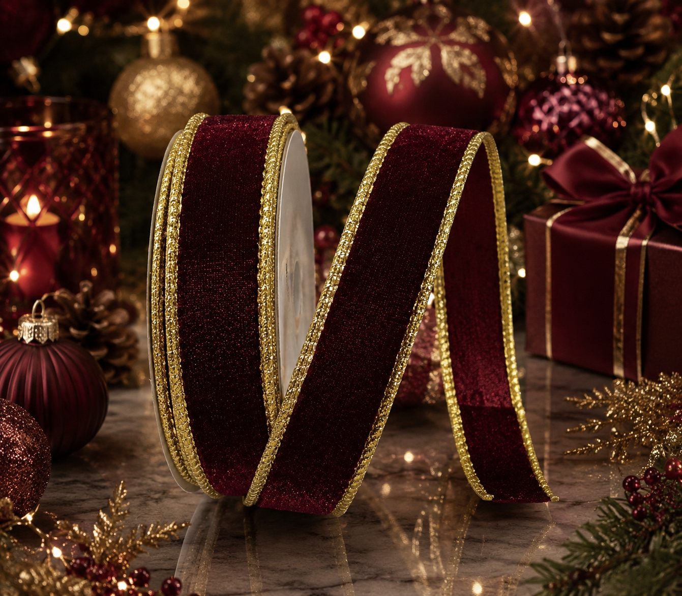 1” (25mm) Maroon Velvet and Gold Backed Christmas Ribbon PER METRE