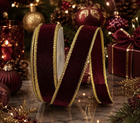 1” (25mm) Maroon Velvet - Gold Backed Wired Christmas Ribbon