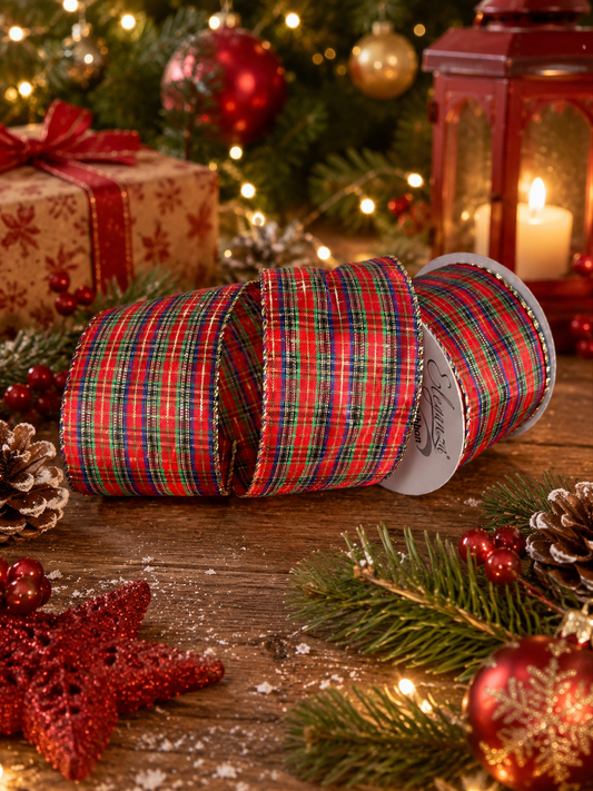 63mm Christmas Tartan Wired Ribbon - 276