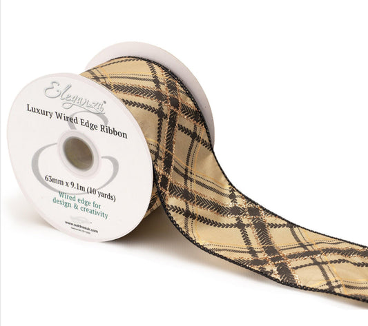 63mm Mocha & Black Check Wired Christmas Ribbon