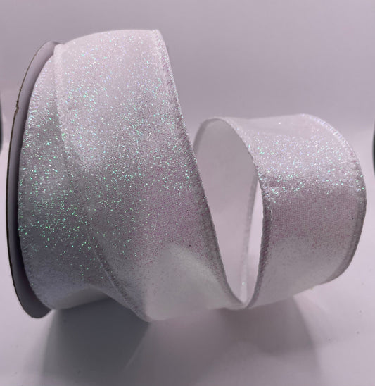 38mm White Glitter Christmas Wired Ribbon Per Metre