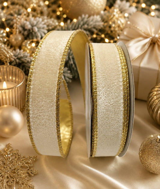 1” (25mm) Cream Velvet - Gold Backed Wired Christmas Ribbon