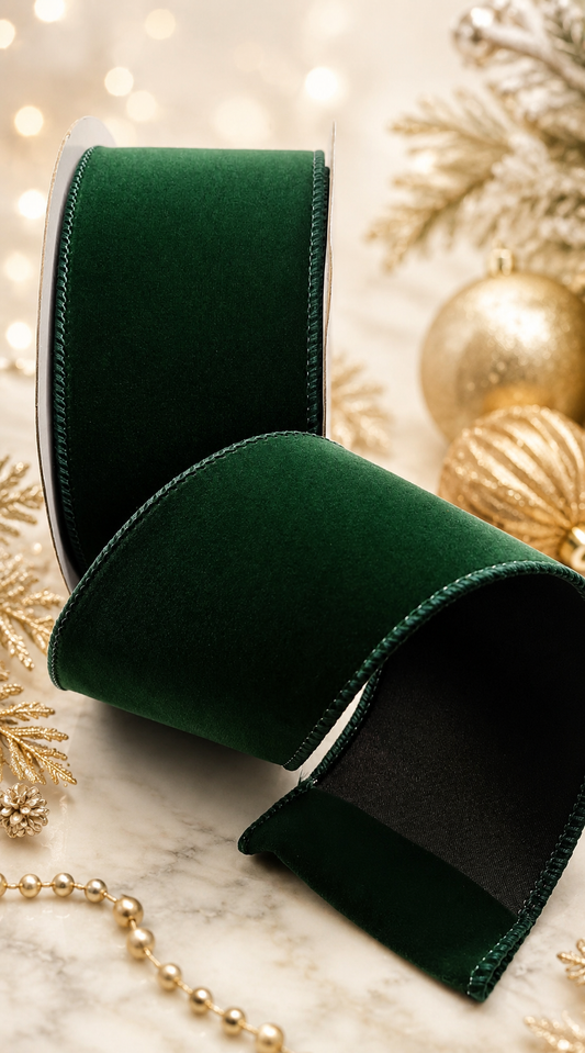 63mm Forest Green Velvet Satin Backed Wired Christmas Ribbon