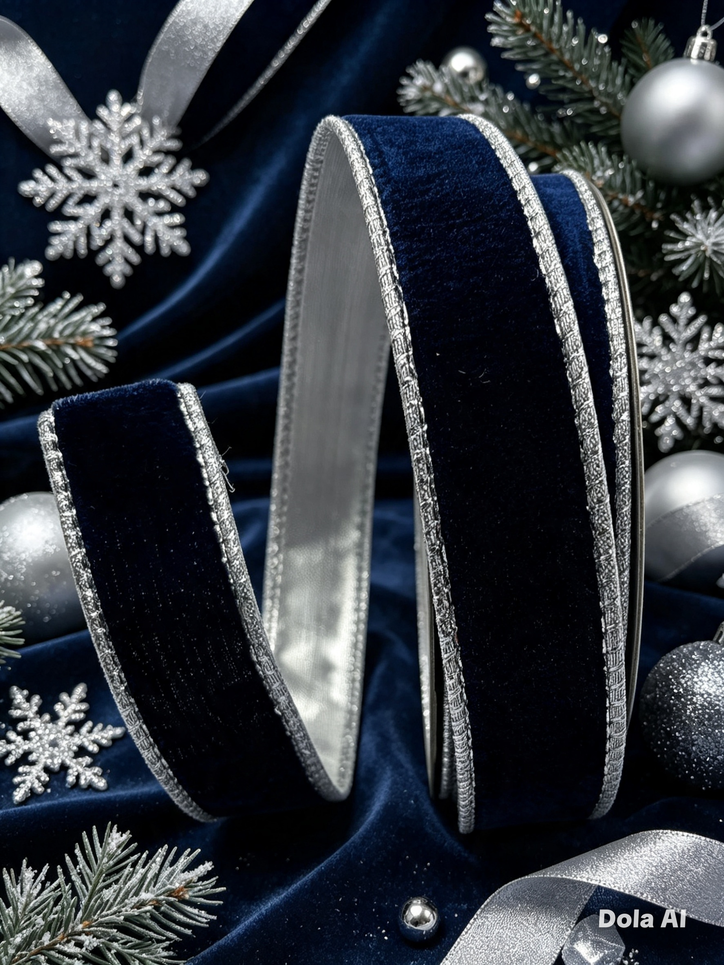 1” (25mm) Navy Velvet and Silver Backed Christmas Ribbon PER METRE