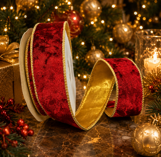 38mm Wine Velvet With Gold Satin Back Wired Christmas Ribbon - 15 yards