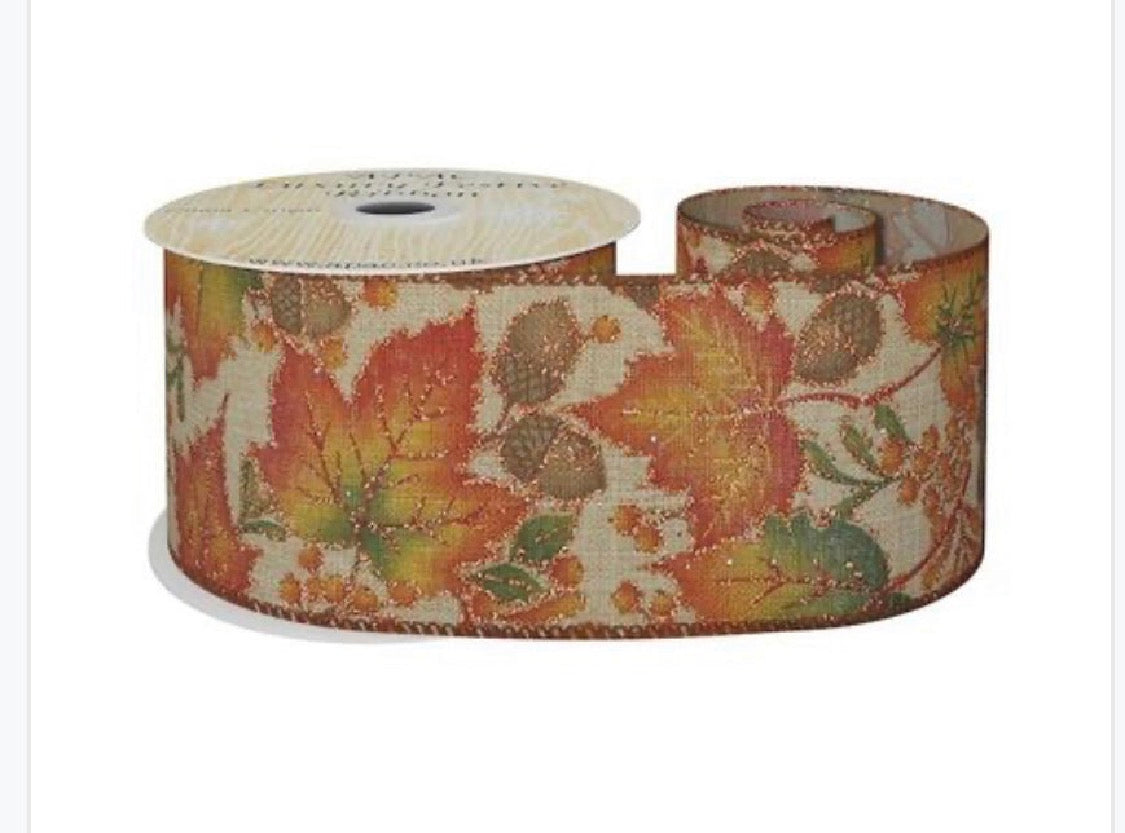 Wired Natural Ribbon with Autumn Leaf & Acorns 63mm