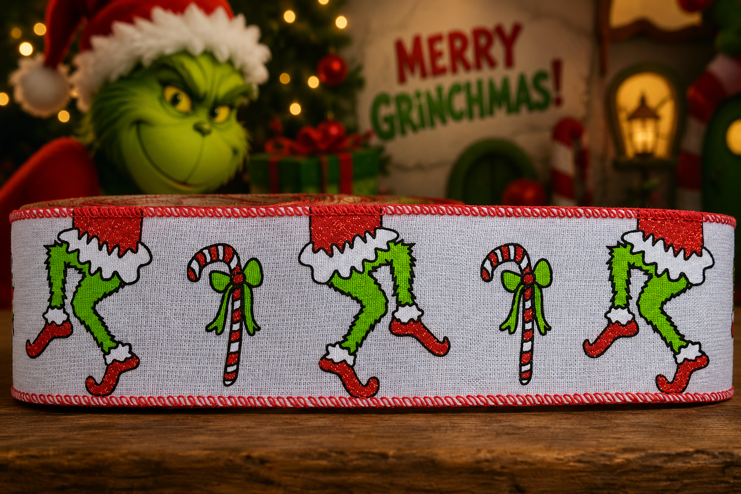 63mm Wired Green Monster Christmas Ribbon
