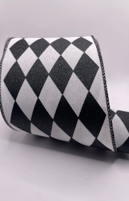 4” Black & White Harlequin Christmas Wired Ribbon Per Metre