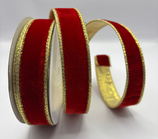 1” (25mm) Red Velvet - Gold Backed Wired Christmas Ribbon